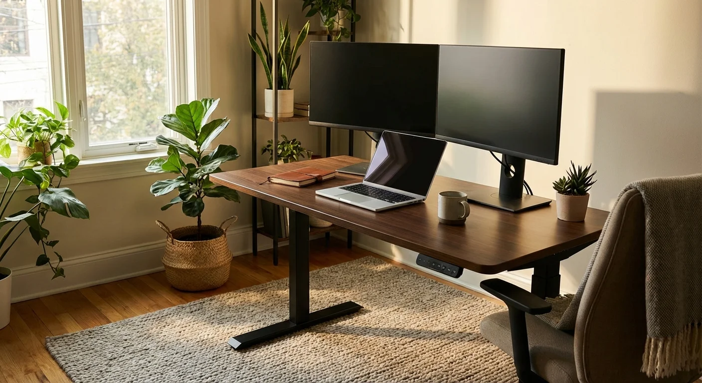 FlexiSpot E7 Pro standing desk in modern home office with dual monitors and plants