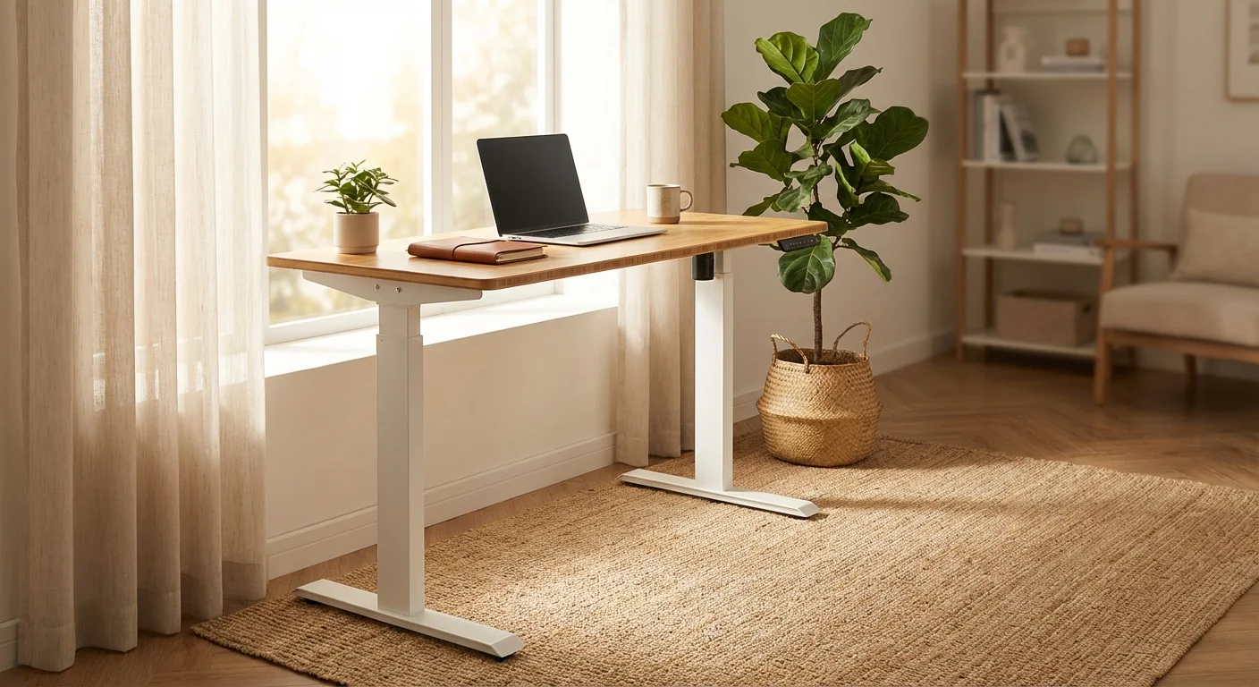 FlexiSpot E7 Pro white standing desk with bamboo top in bright Scandinavian home office