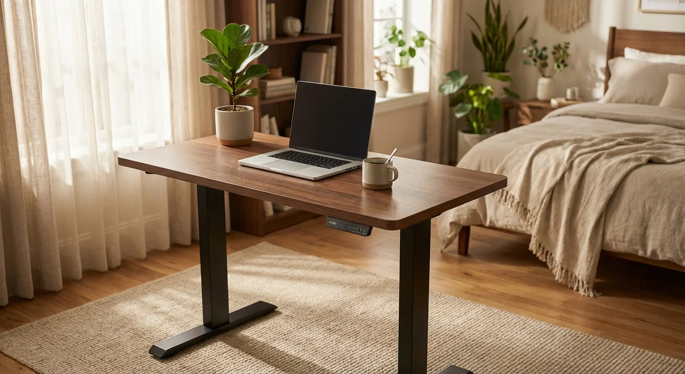 Fezibo electric standing desk in small apartment bedroom with laptop and coffee mug
