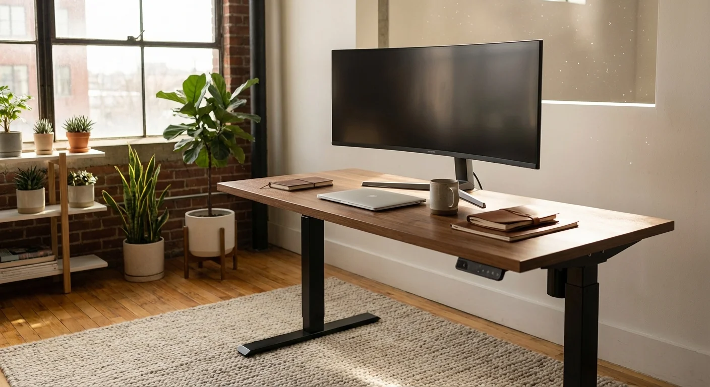 Uplift V2 commercial standing desk in walnut finish with ultrawide monitor in loft office