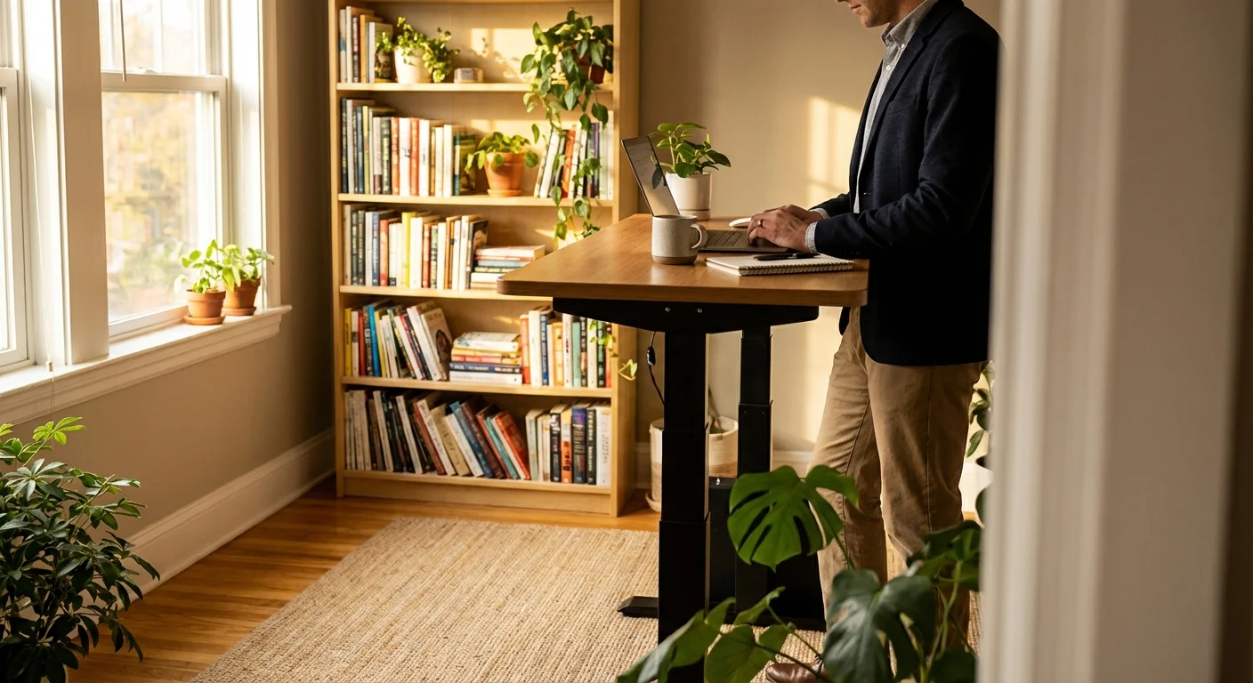 person working at standing desk in bright home office with natural light and bookshelf