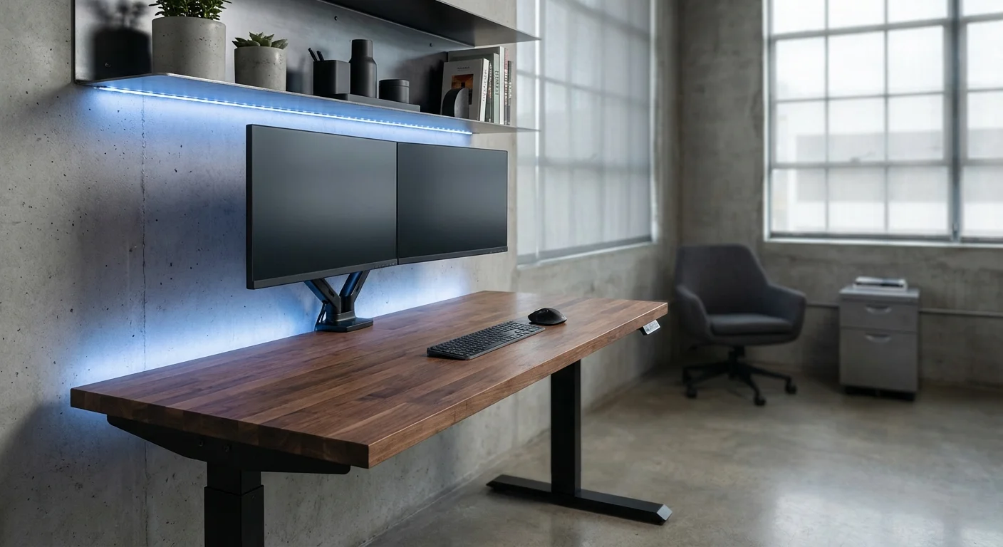 Uplift V2 standing desk with walnut butcher block top and dual monitors
