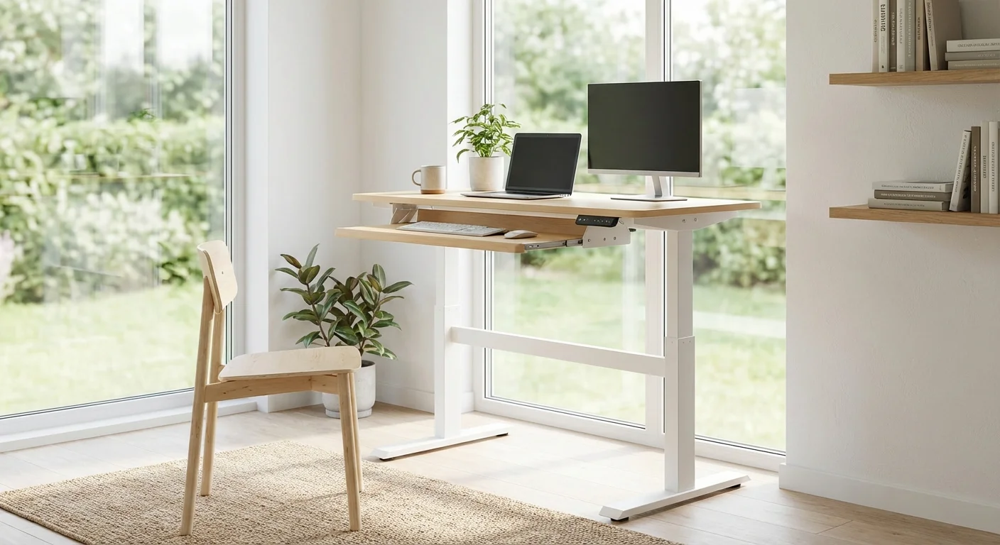 FlexiSpot E7 standing desk white frame with maple top and keyboard tray