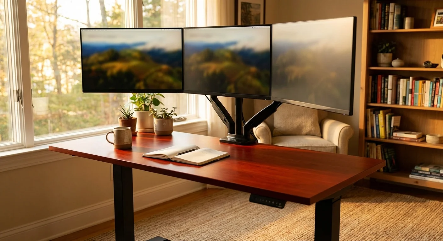 ApexDesk Elite 60 inch standing desk with red cherry top and triple monitor setup
