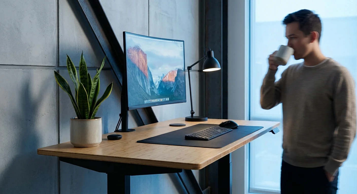 Fully Jarvis bamboo standing desk with single monitor and desk plant