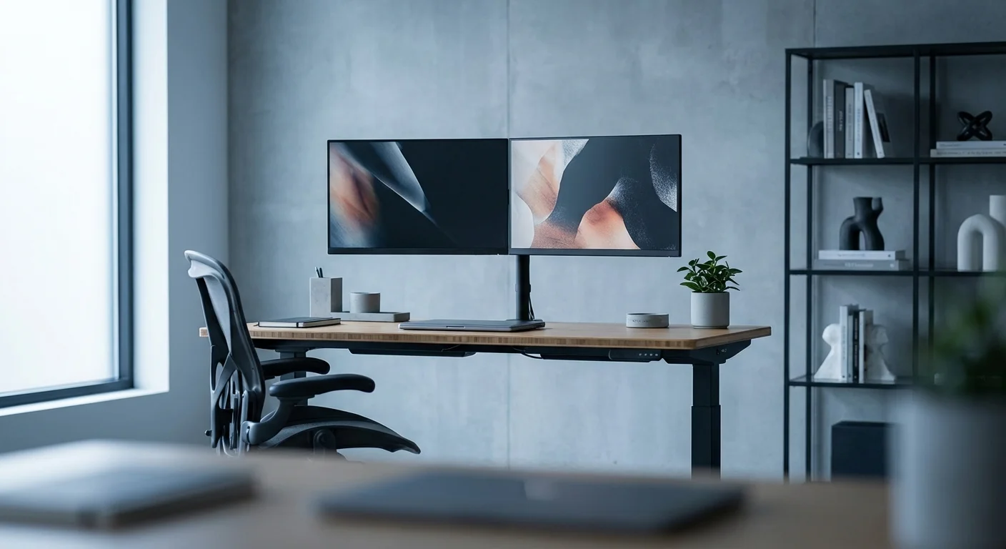 Uplift V2 standing desk with bamboo top and dual monitors setup