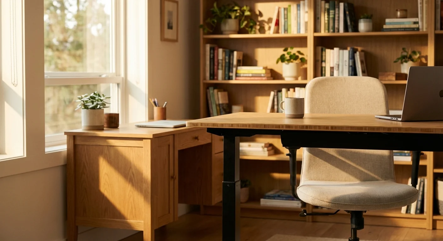 Jarvis Bamboo standing desk by Fully with natural bamboo desktop and black frame