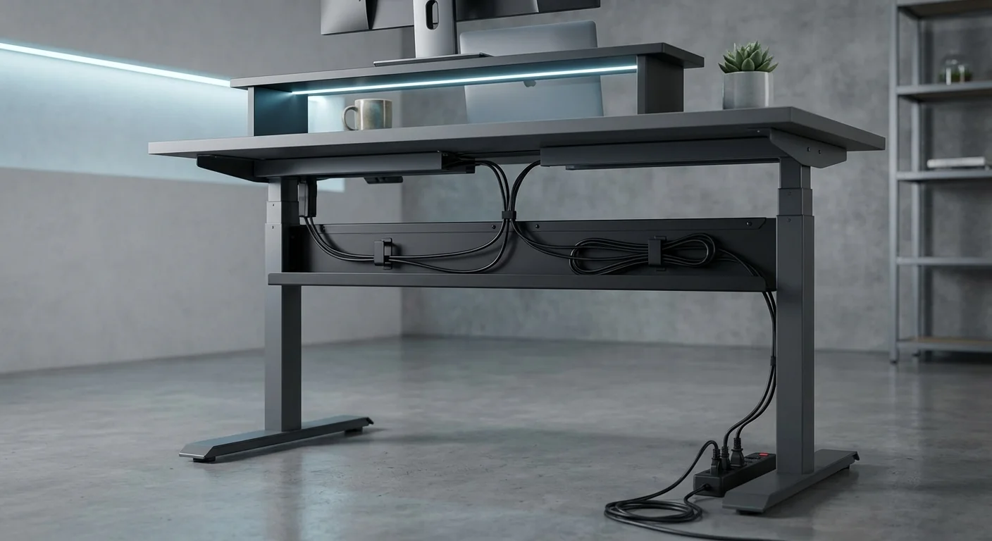 Uplift V2 standing desk underside view showing cable management tray and wire routing