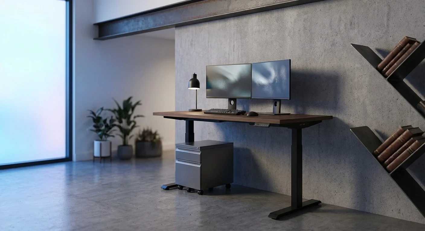 Uplift V2 standing desk with solid walnut wood top and dual monitor setup