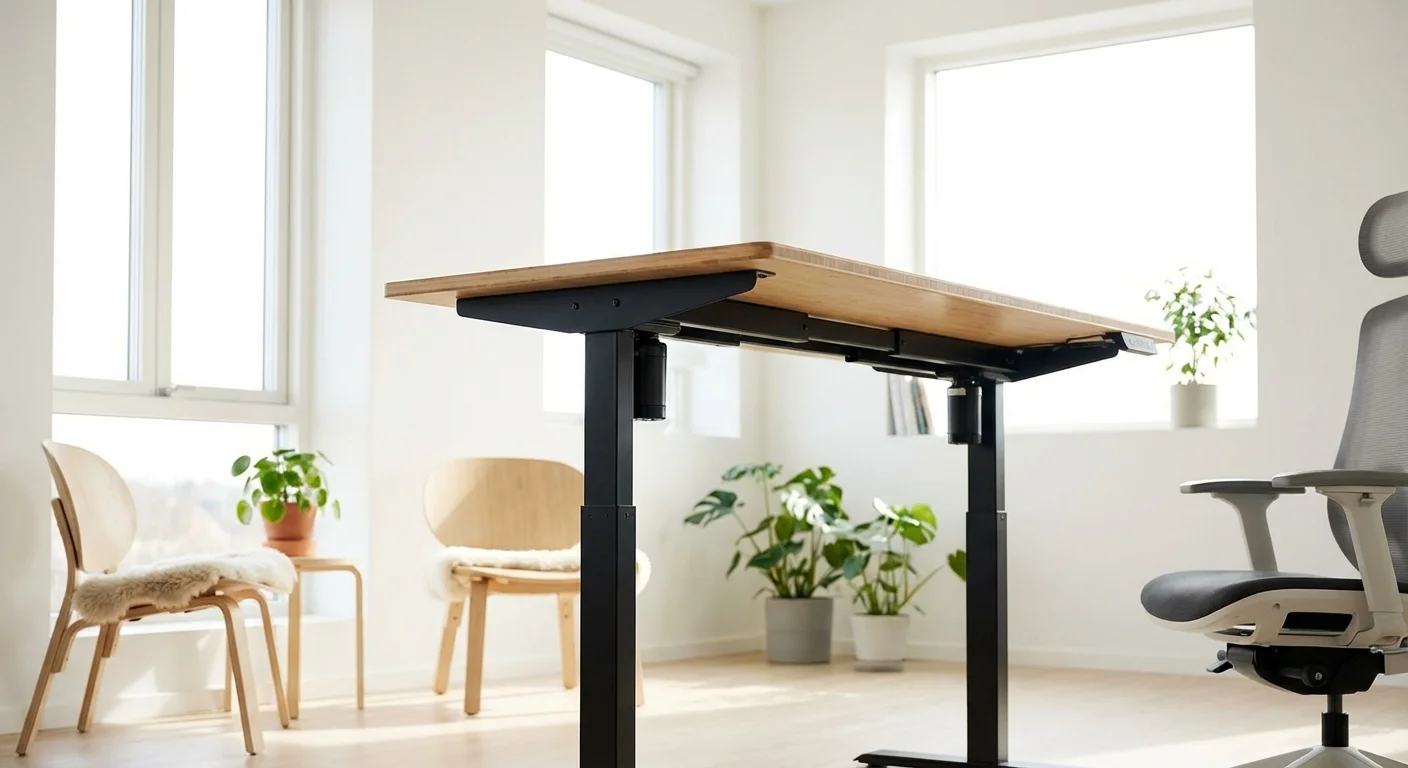 FlexiSpot E7 standing desk frame with bamboo desktop showing dual motor system