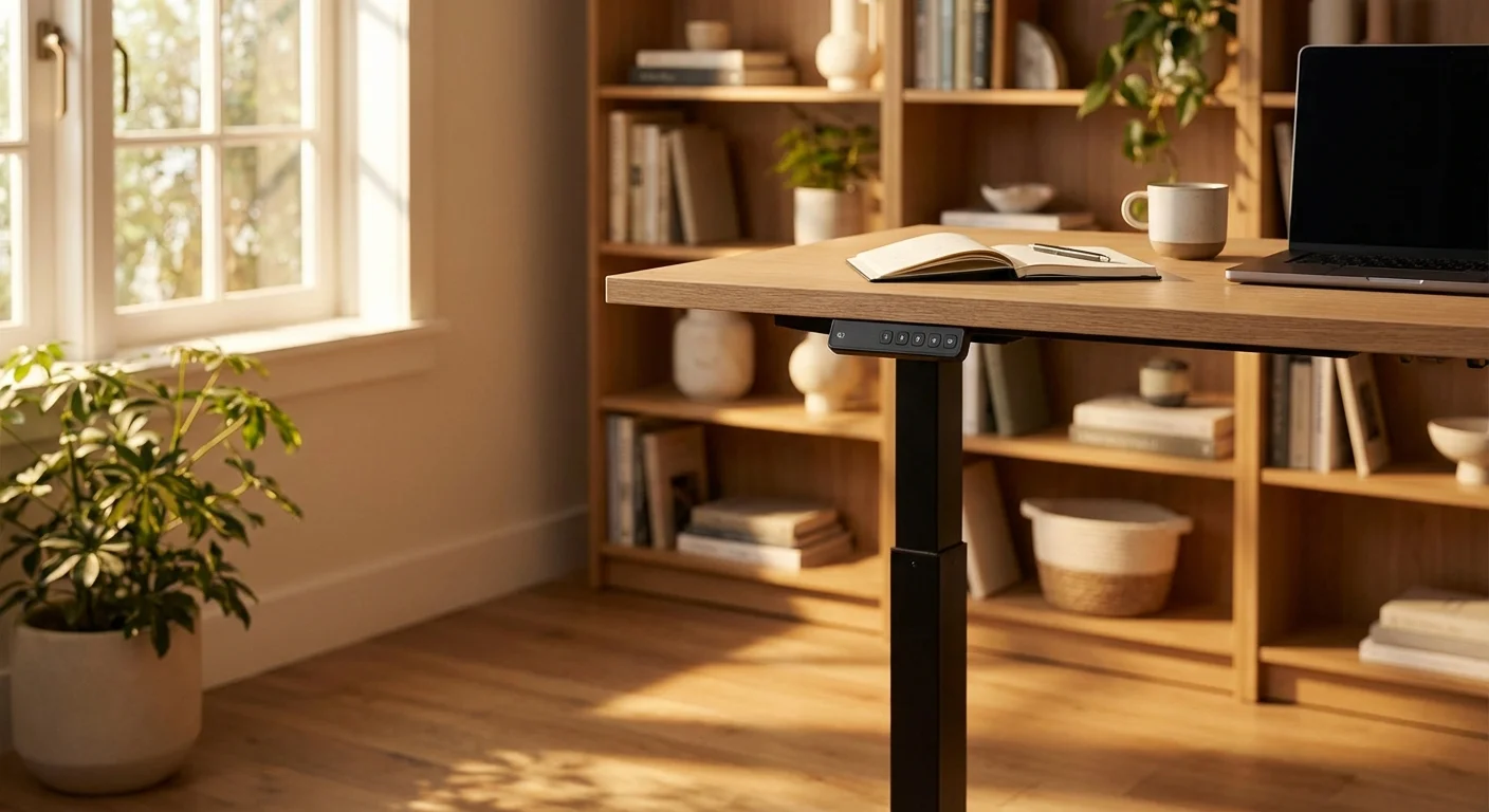 Fully Jarvis standing desk with white oak veneer top and programmable keypad