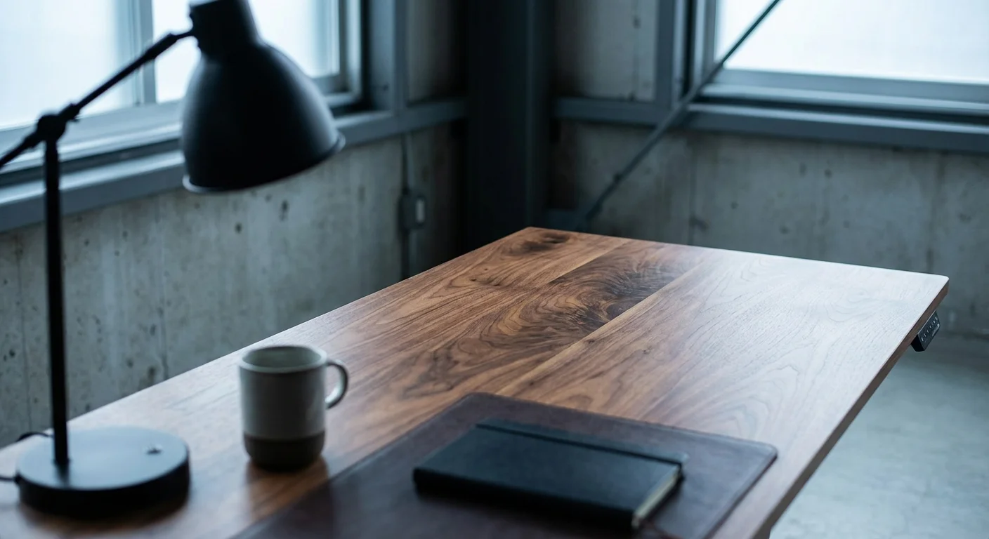 Uplift V2 standing desk solid walnut top close-up showing wood grain detail