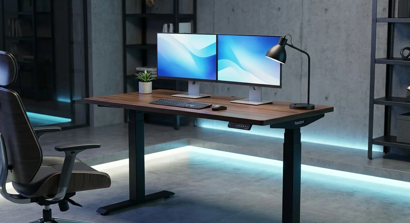 FlexiSpot E7 Pro black standing desk with black desktop and dual monitors
