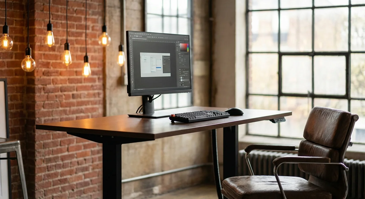 FlexiSpot E7 Pro black standing desk at standing height with keyboard and monitor