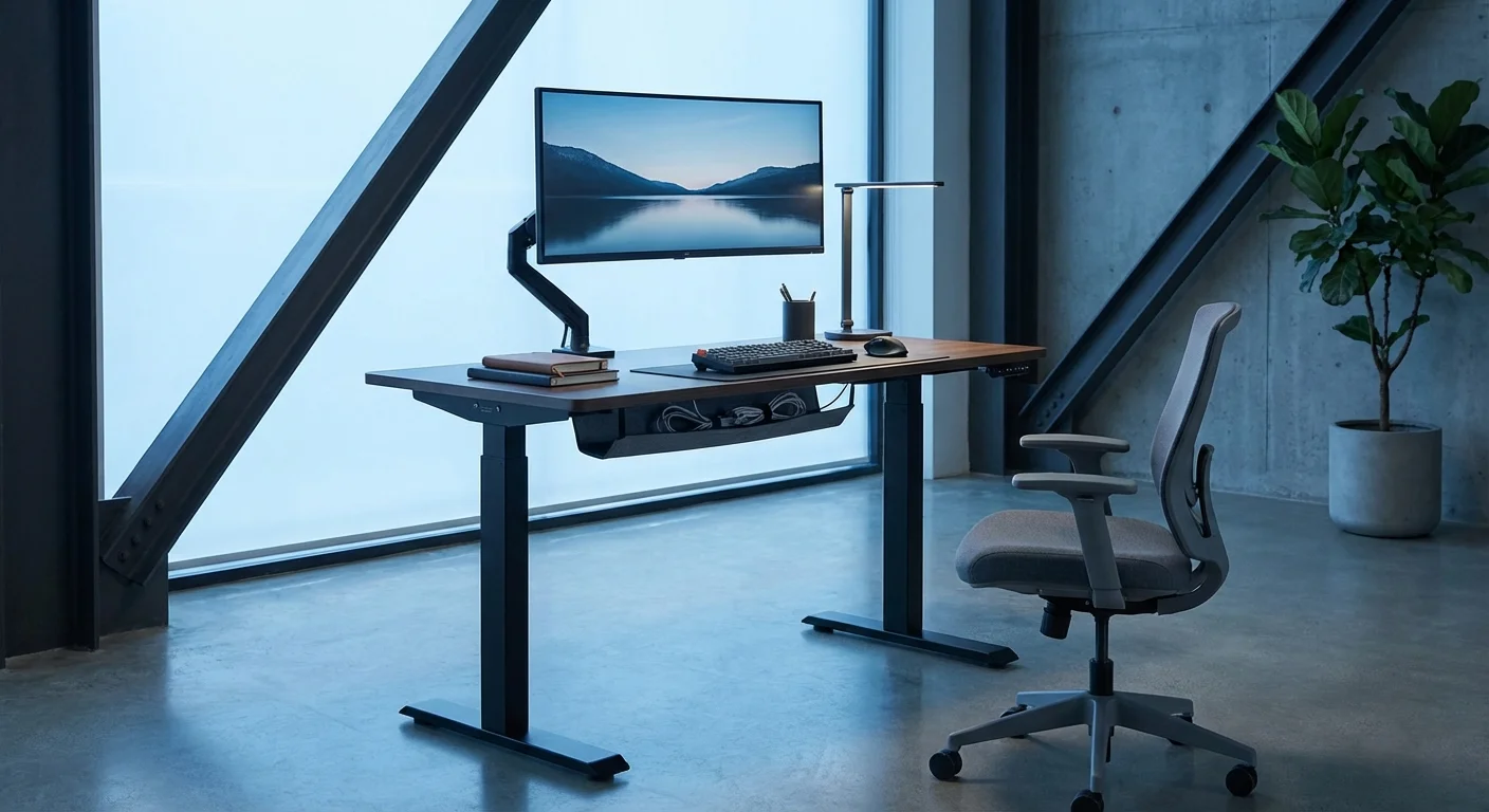 FlexiSpot E7 Pro black standing desk complete setup with accessories and cable management