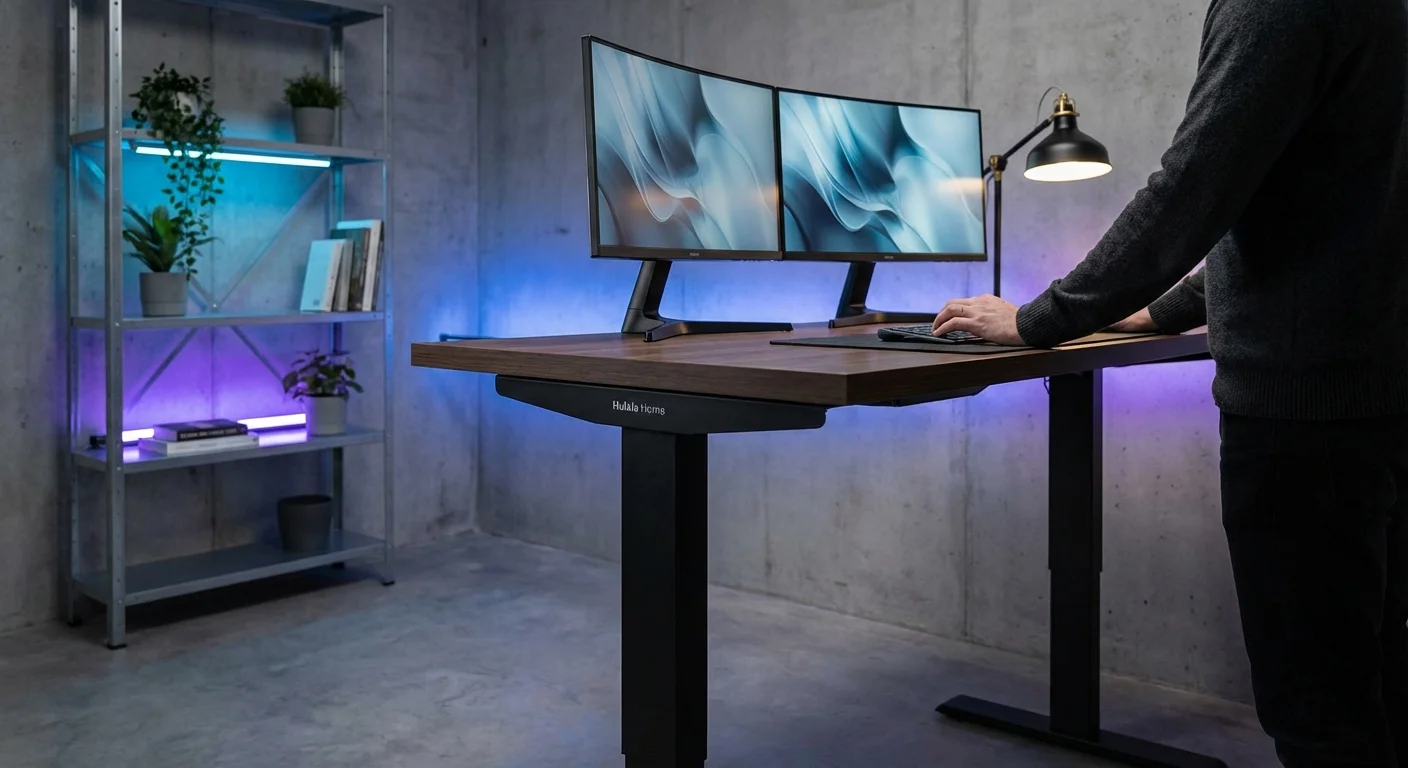 Hulala Home standing desk in home office setup with dual monitors