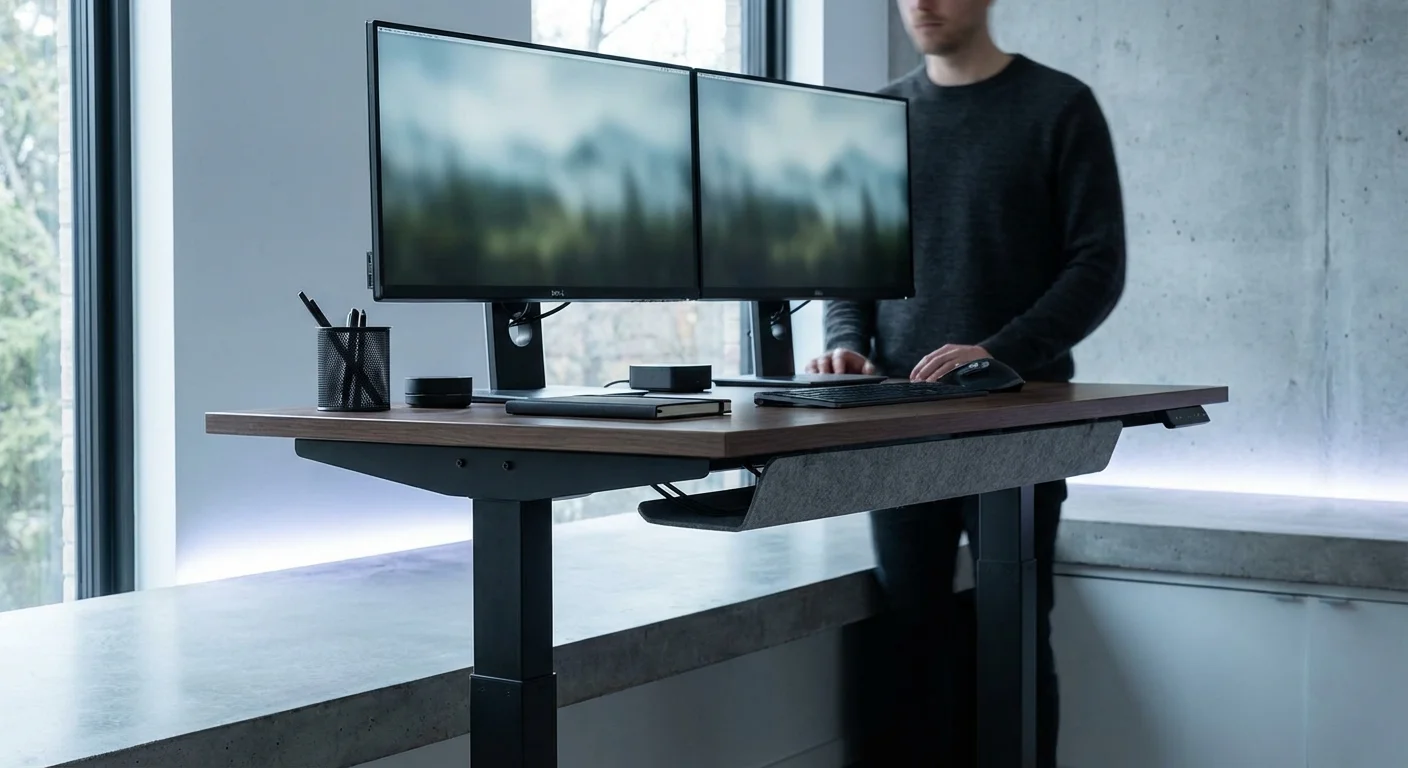 electric standing desk setup with dual monitors and cable management tray