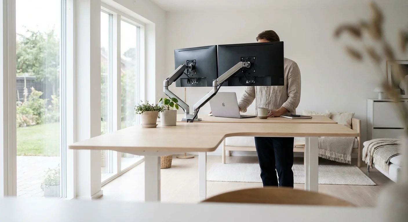 L-shaped standing desk with wood top and dual monitor arms