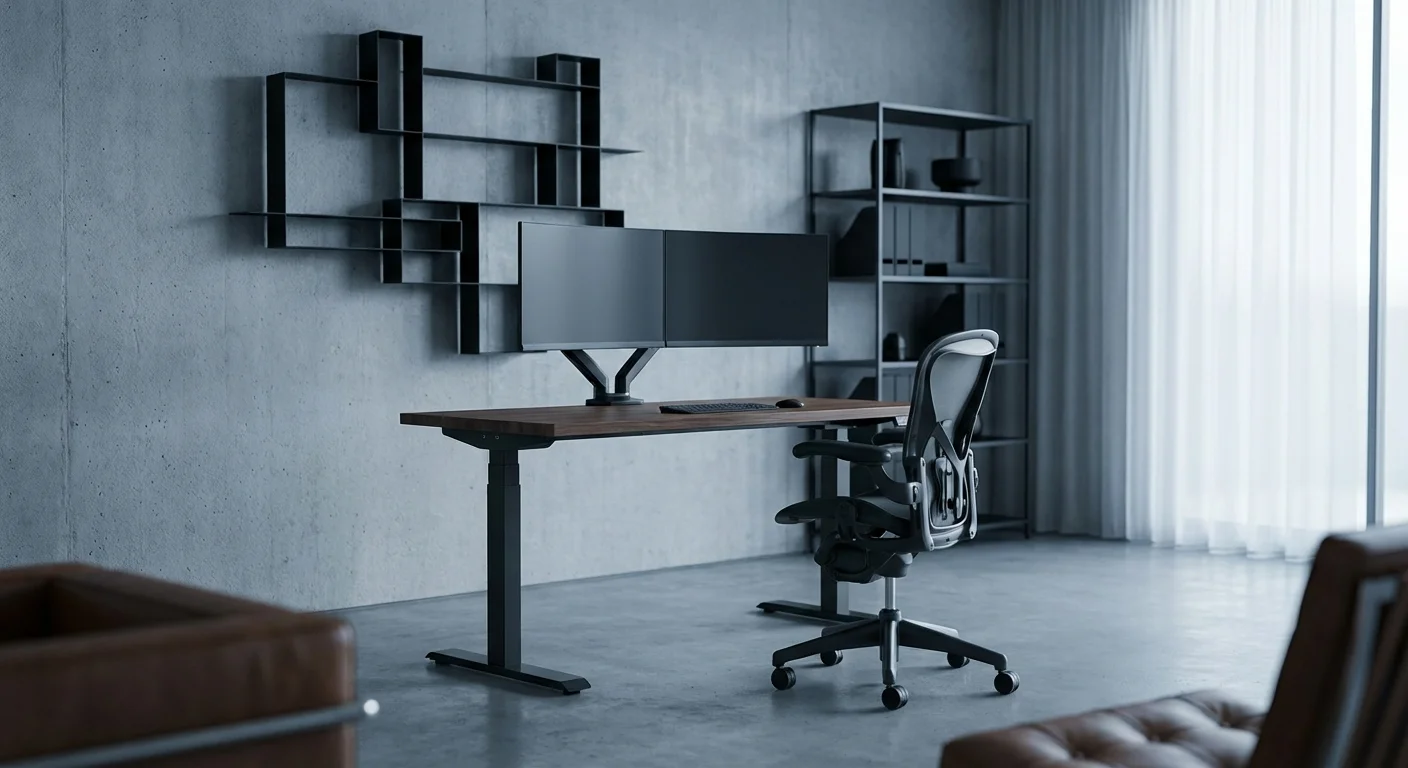Uplift V2 Commercial standing desk with dark walnut top and dual monitors