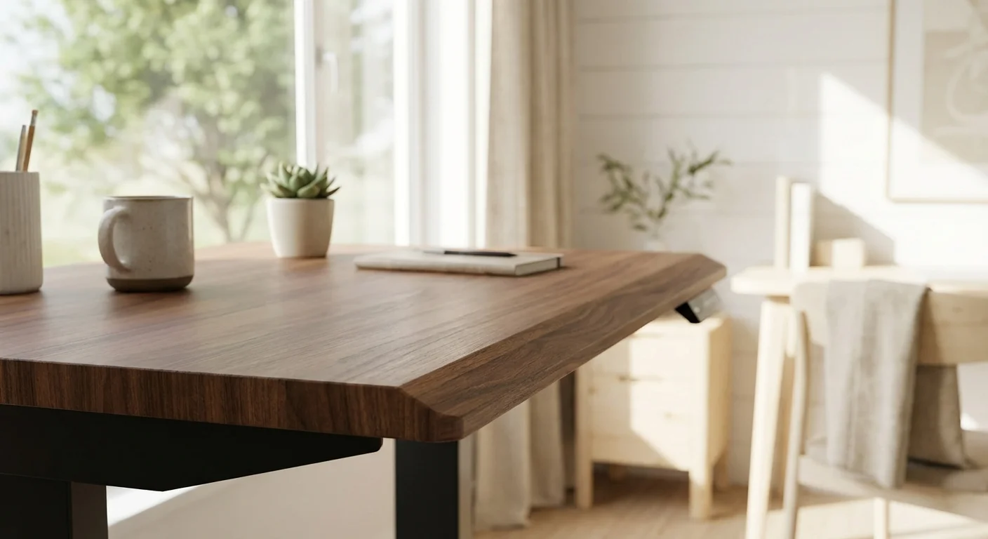 Uplift V2 Commercial standing desk walnut top surface close-up with beveled edge