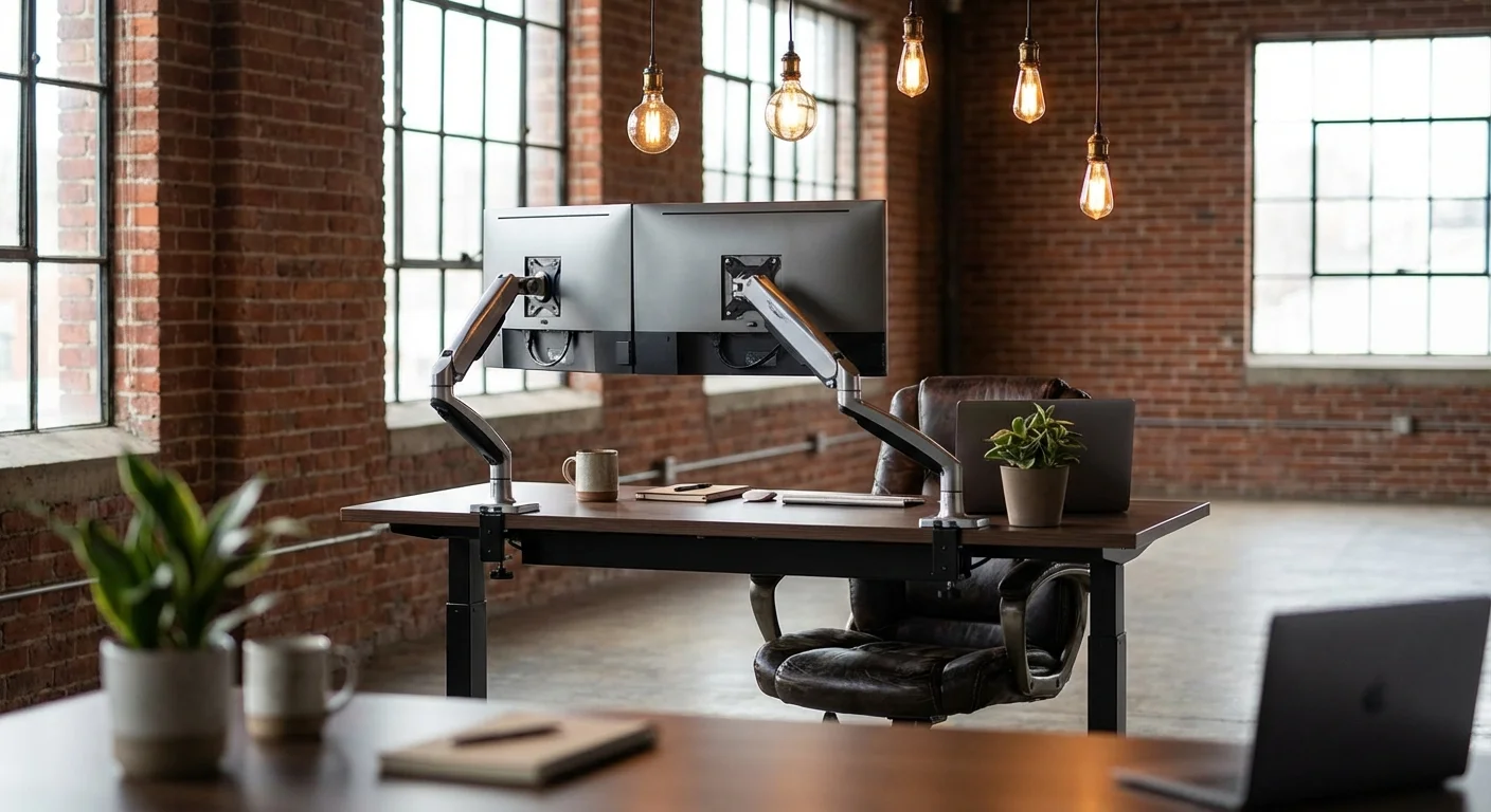 Uplift V2 Commercial standing desk at standing height with ergonomic monitor arms