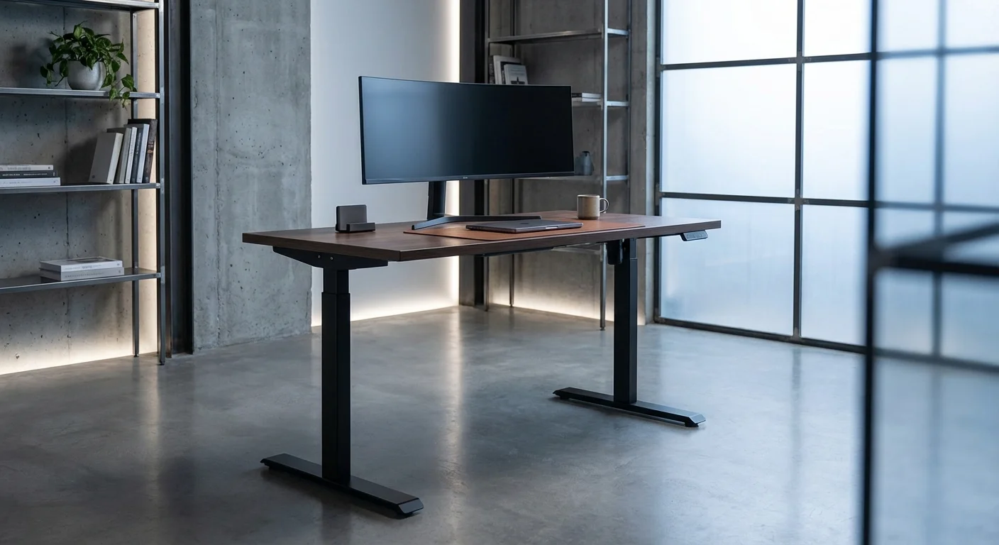 Uplift V2 Commercial standing desk 72-inch walnut top in executive office configuration