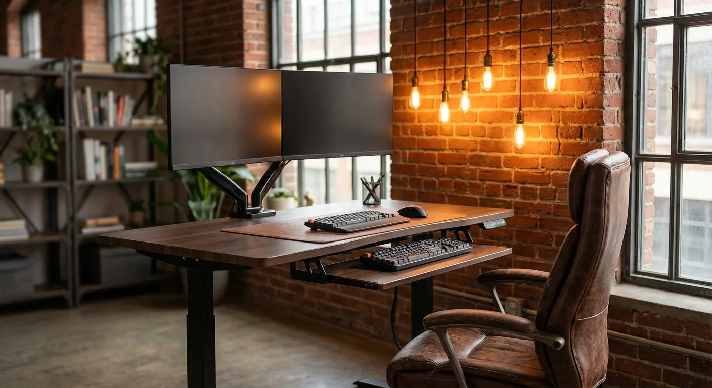 FlexiSpot E7 Pro standing desk frame with dual monitor setup and keyboard tray