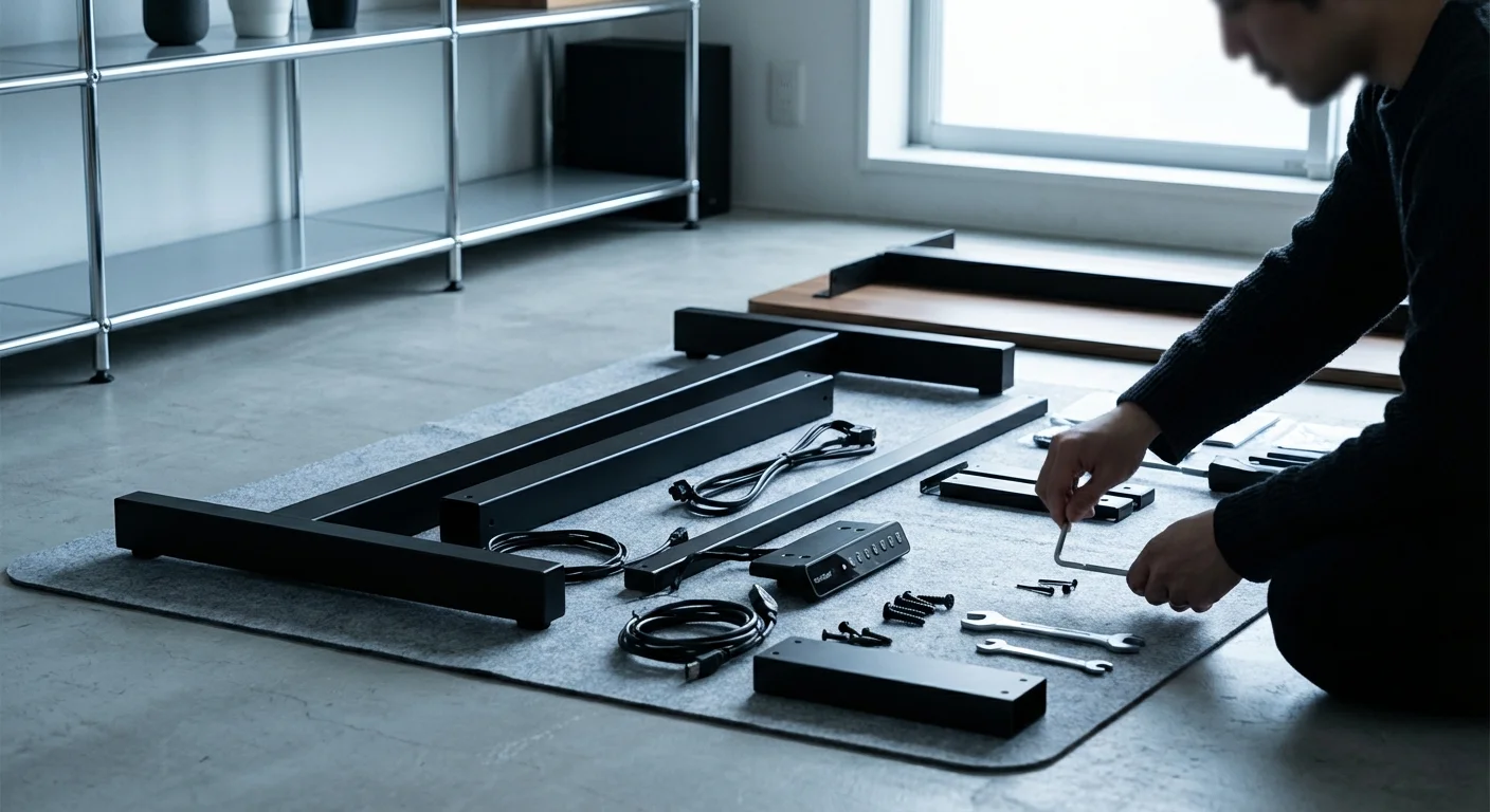 FlexiSpot E7 Pro standing desk frame assembly process with included tools