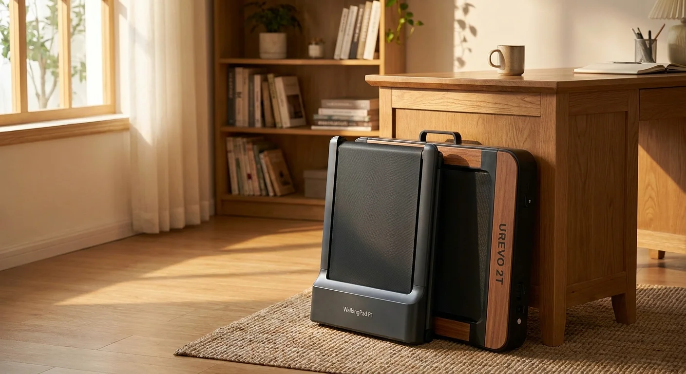 WalkingPad P1 folded in half next to UREVO 2T walking pad treadmill size comparison