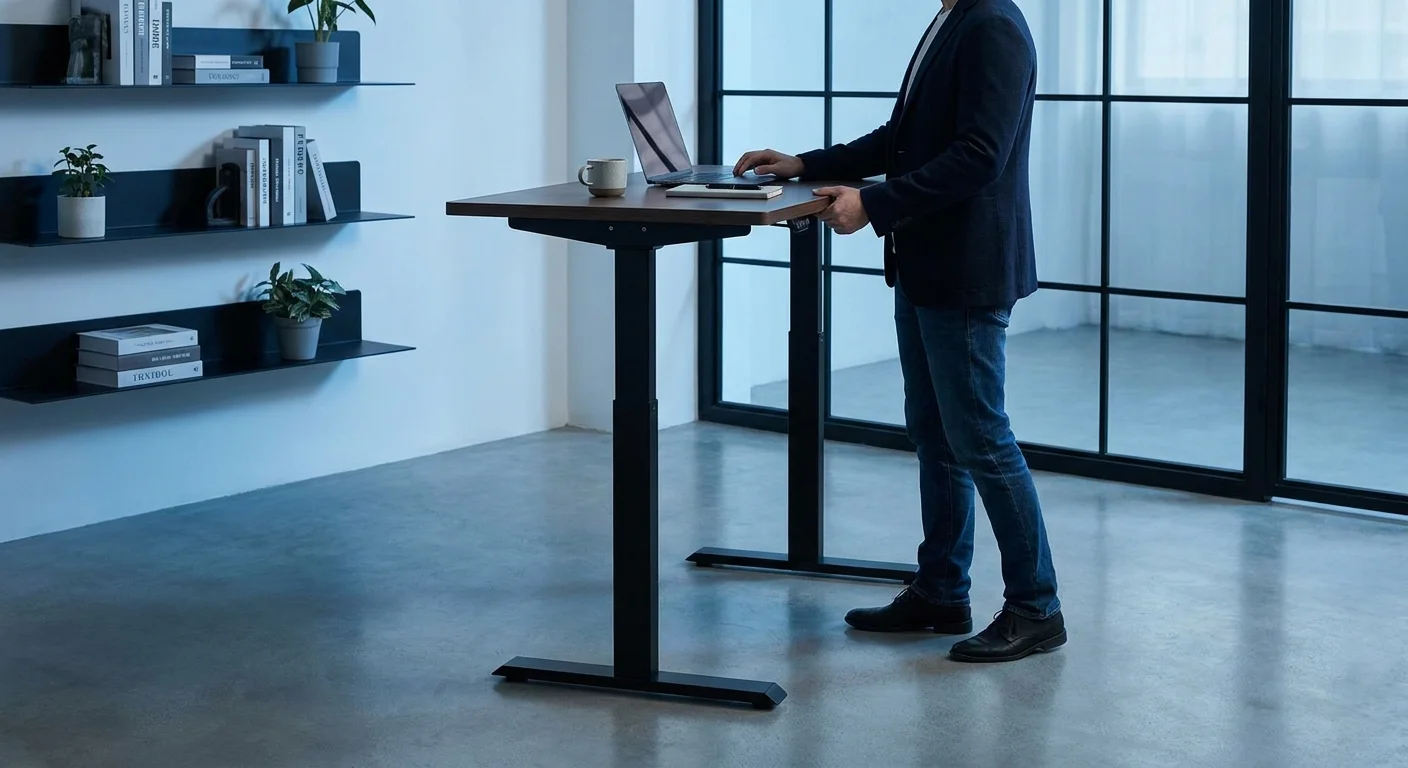 FlexiSpot E7 standing desk black frame with walnut desktop