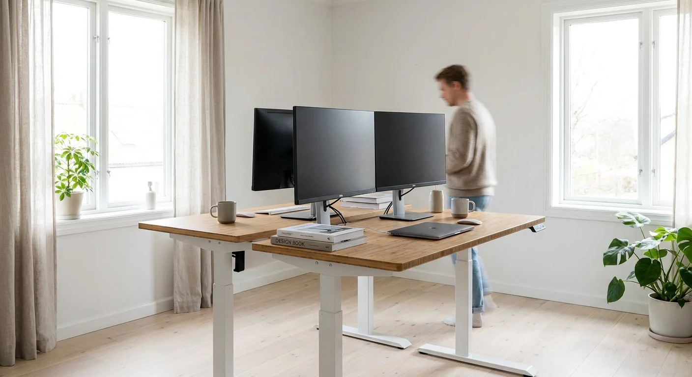 Uplift V2 standing desk with bamboo desktop and dual monitors