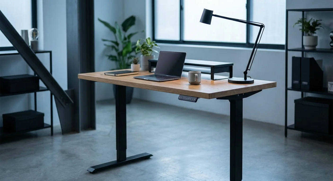 FlexiSpot E5 standing desk with oak desktop and simple keypad