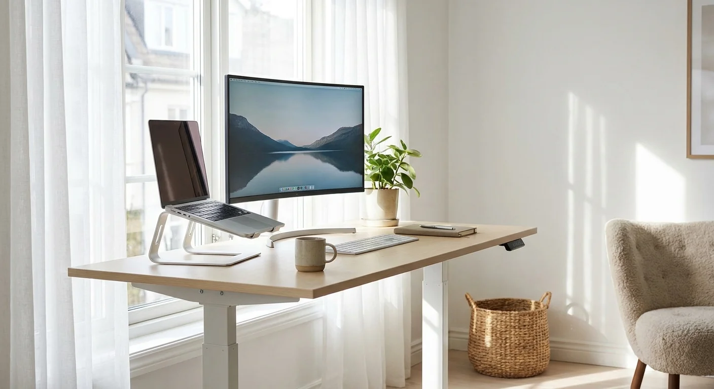 SHW electric height adjustable desk with laptop and monitor setup