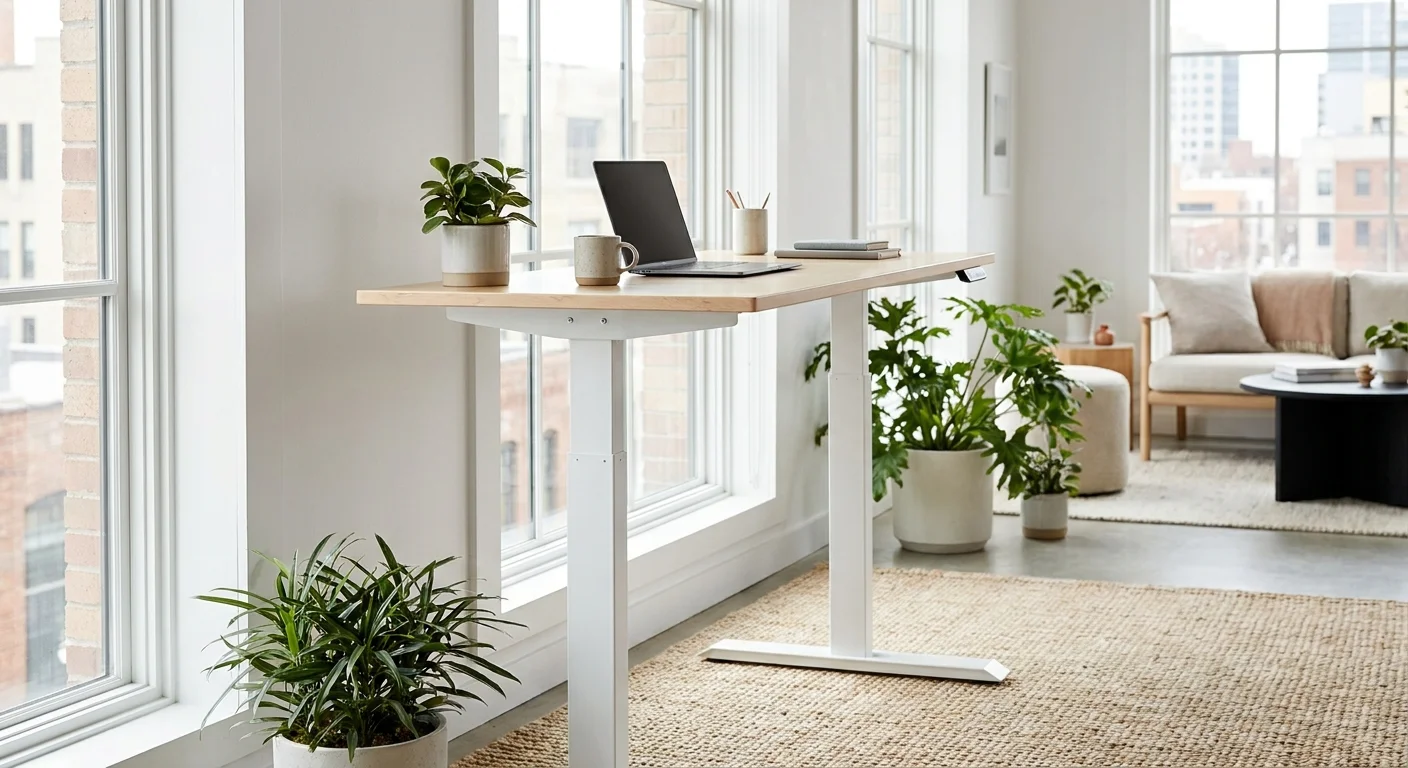 Vari Electric standing desk white frame in assembled configuration