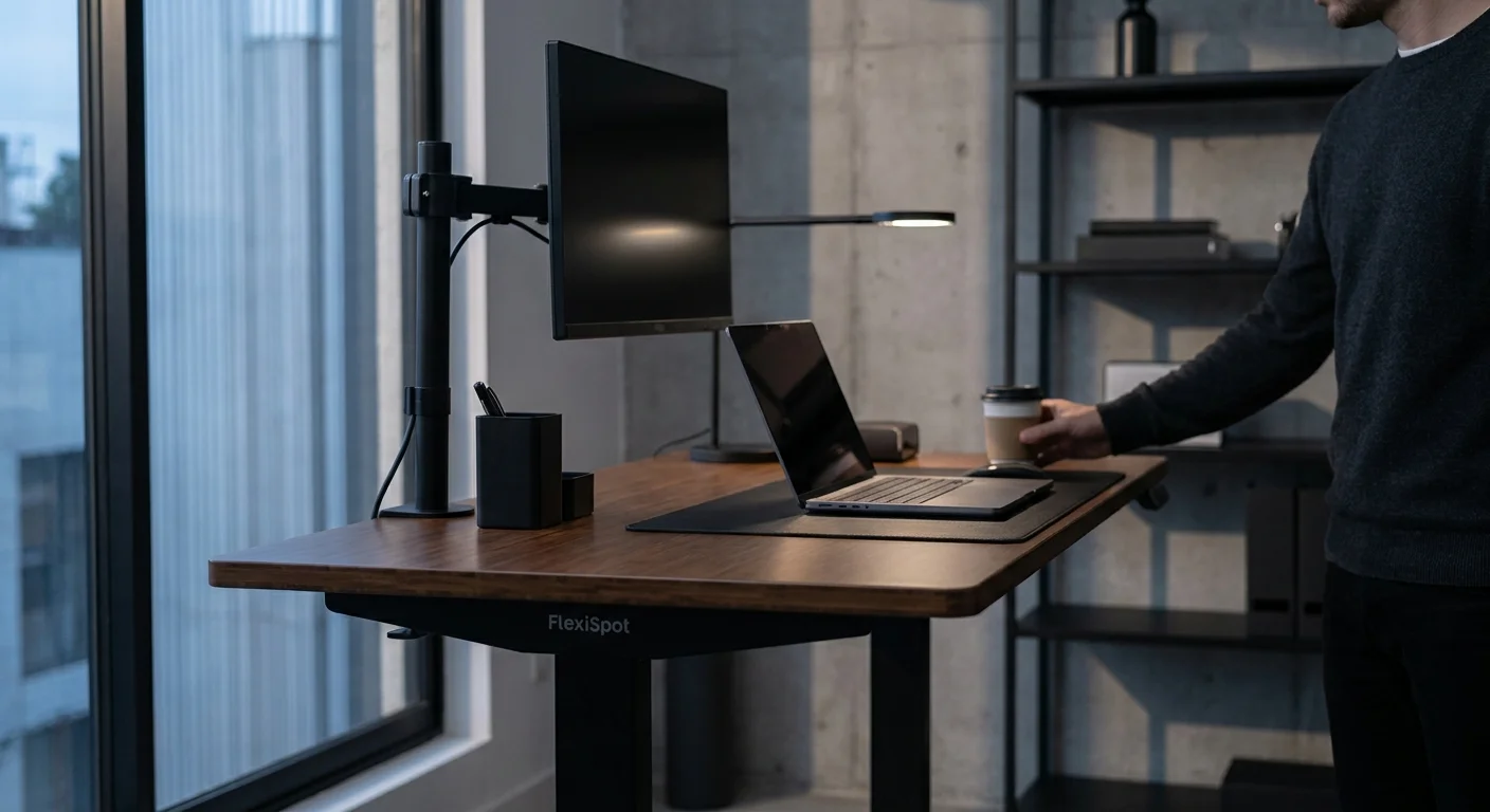 FlexiSpot E7 standing desk with dark bamboo top and monitor arm