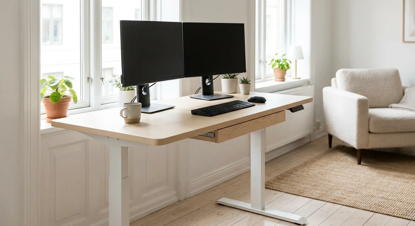 Fezibo electric standing desk with drawer and dual monitors
