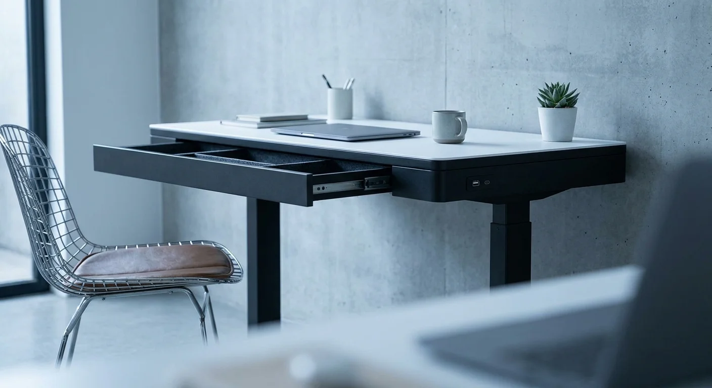 FlexiSpot Comhar EW8 standing desk with open front drawer and USB ports