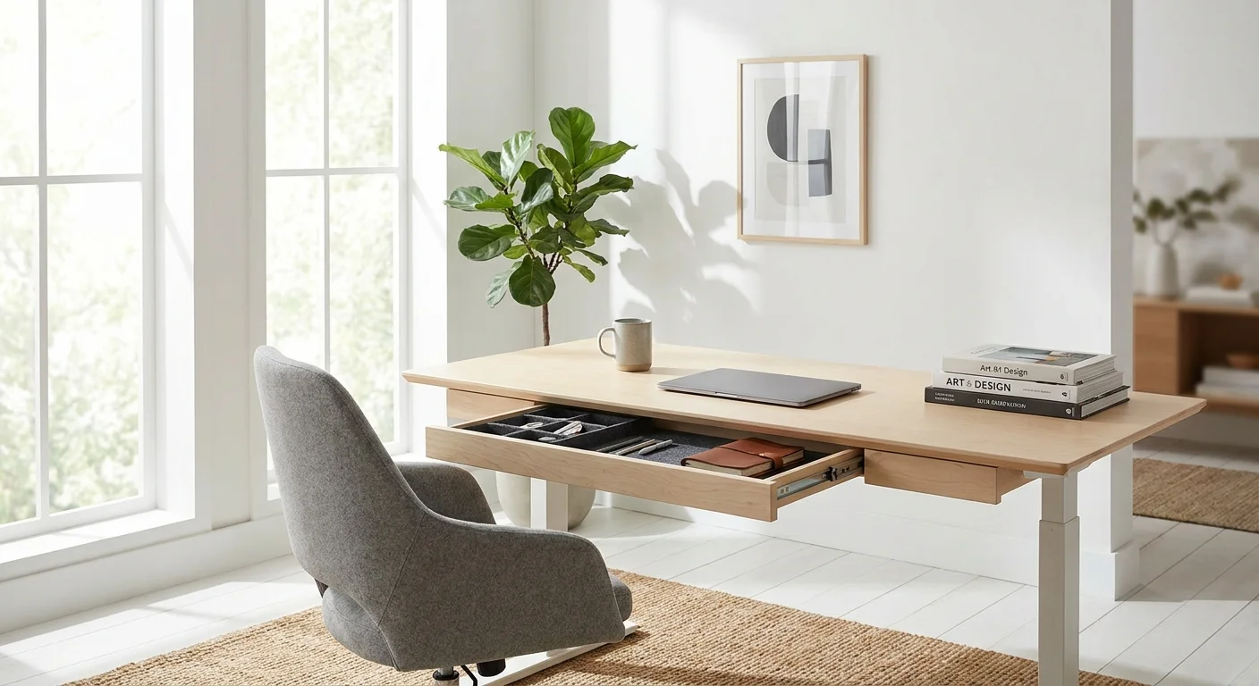 Tresanti adjustable height desk with felt lined drawer open