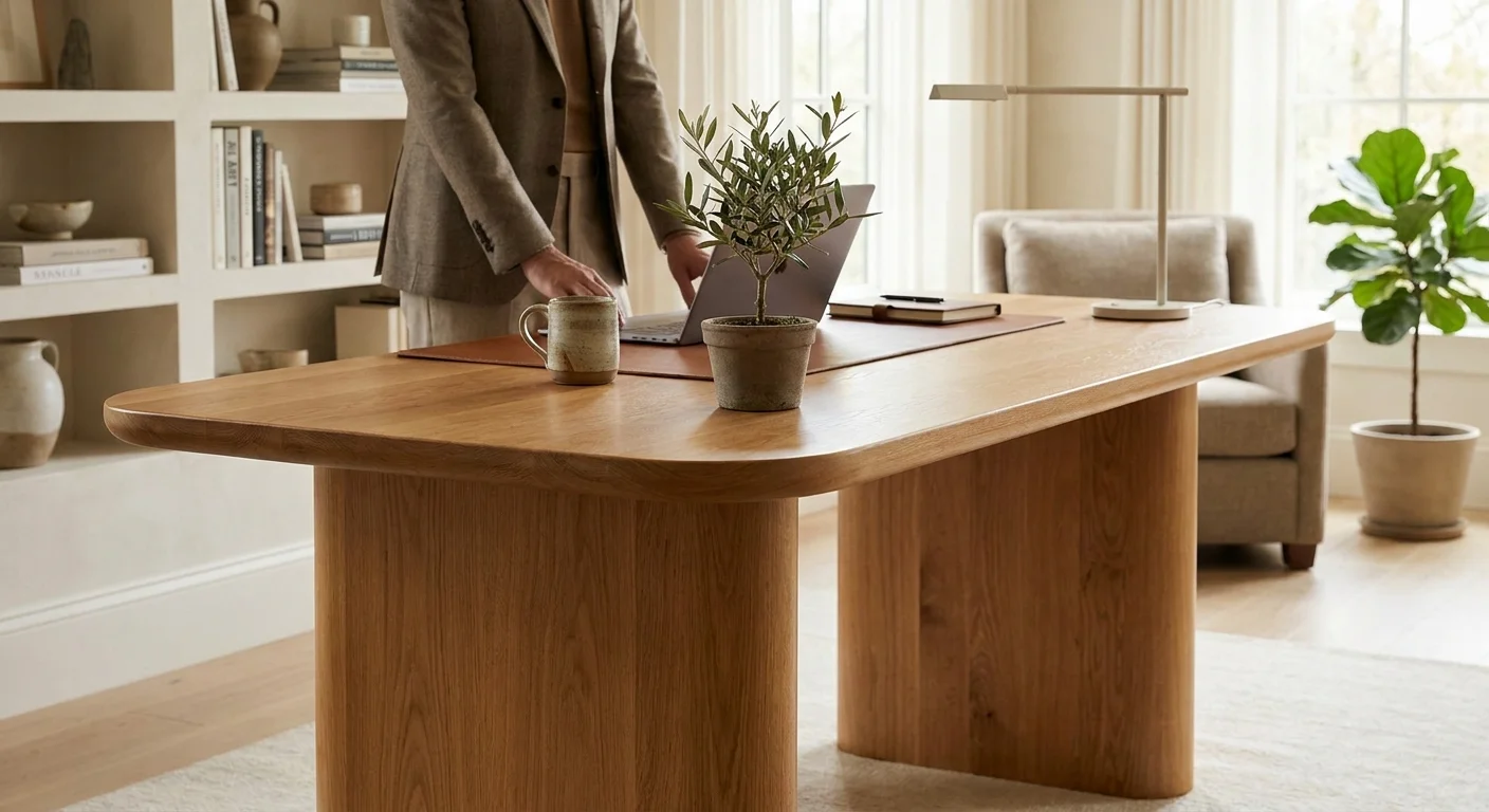Sculptural solid wood electric standing desk with rounded legs