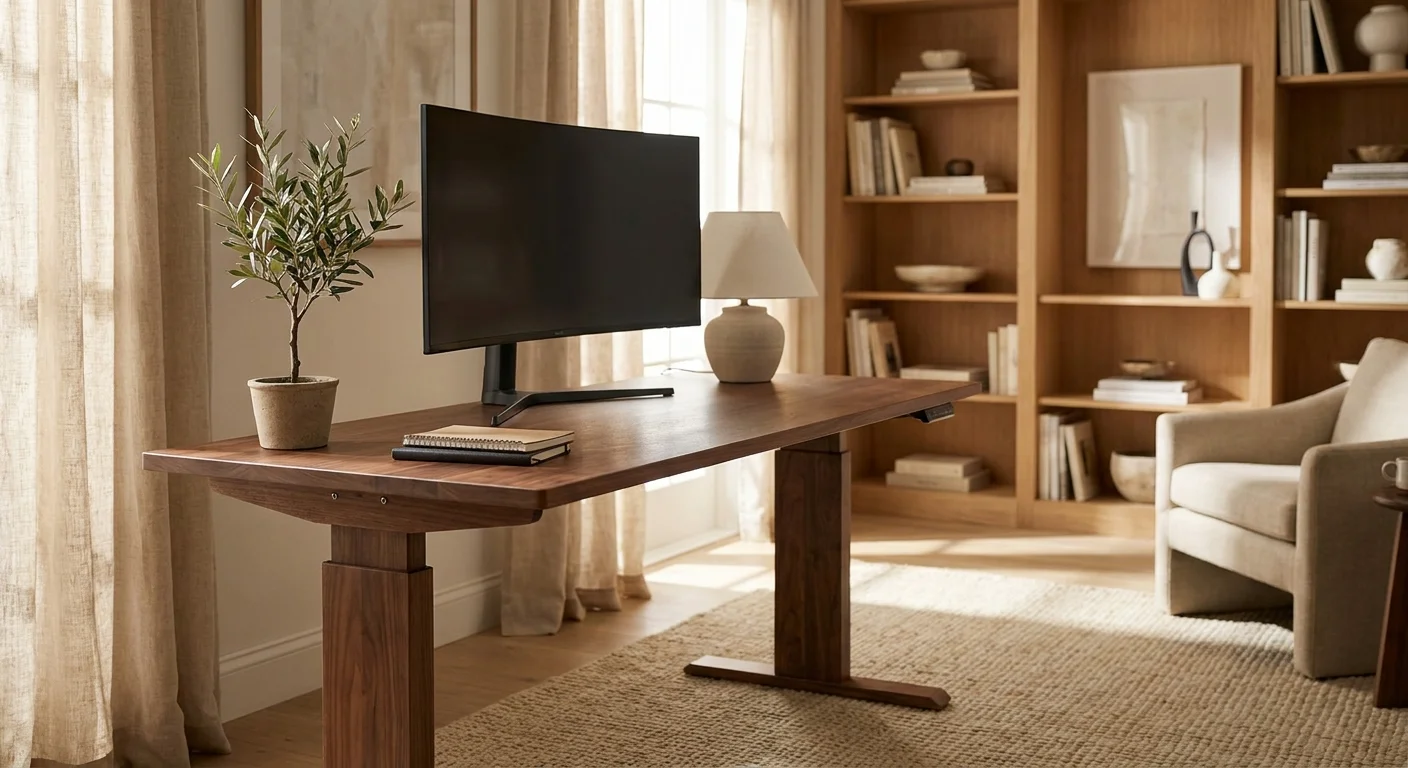Solid wood standing desk in a designer home office